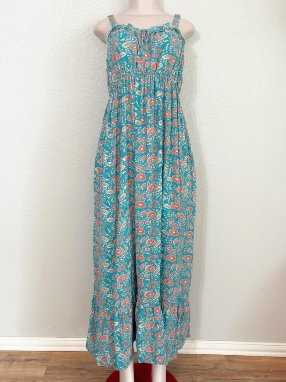 Natural Life Kaye Teal Pink Floral Smocked Maxi Dress XL Boho Beach Vacay Resort